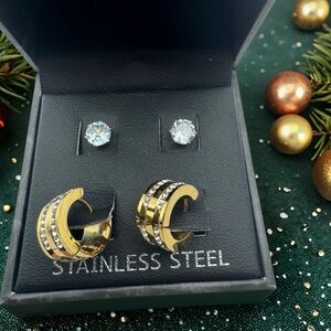 STEELTIME Stud And Huggie Stainless Steel Gold-tone With Crystals And Solitaire